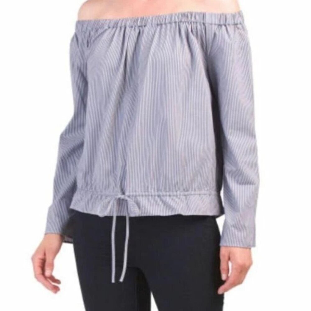 Theory Blue White Odettah Soft Seersucker Off Shoulder Top Size Small 41399